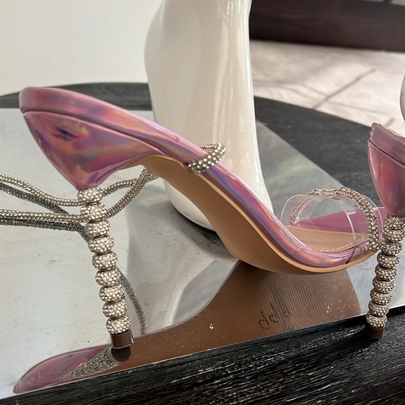 Wrap Around Sz 7.5 Soft Crystal Embossed Wraparound Pink Purple Metallic Heels - Picture 6 of 16